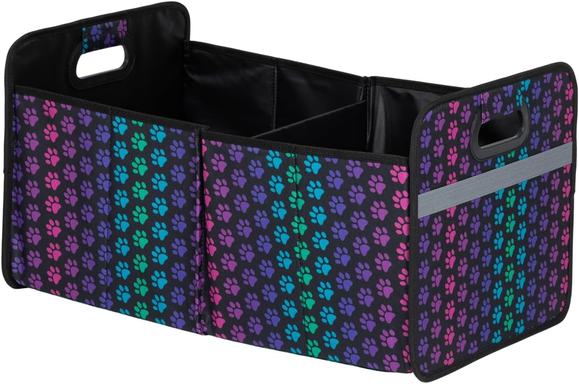 GreaterGood Paws Car Trunk Organizer Foldable Storage Bin with Handles Non Slip Base Pet Gear Travel Tote for SUV Truck (Rainbow Paws)