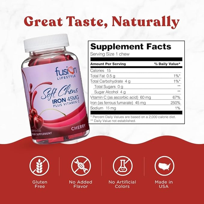 Chewable Iron Supplement for Women & Men - Cherry Flavor, Iron Vitamin C Soft Chew for Max Absorption, Iron as Ferrous Fumarate, Ideal for Anemia and Iron Deficiency, 2 Month Supply