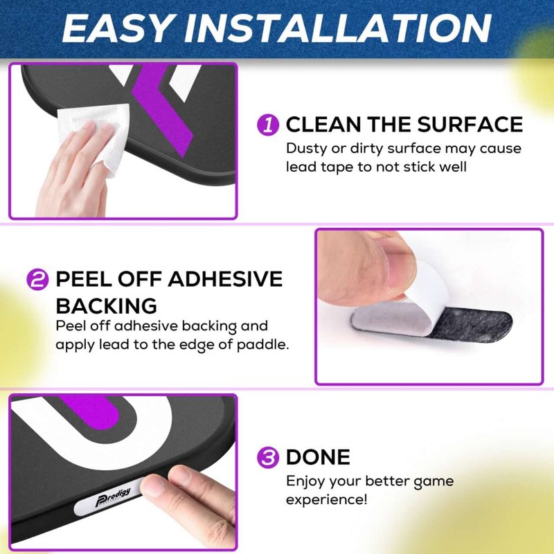Prodigy Pickleball Lead Tape - 12pcs Easy Application to Improve Your Power & Accuracy - Pre Cut 3g Tape Strips to Give You a Larger Sweet Spot