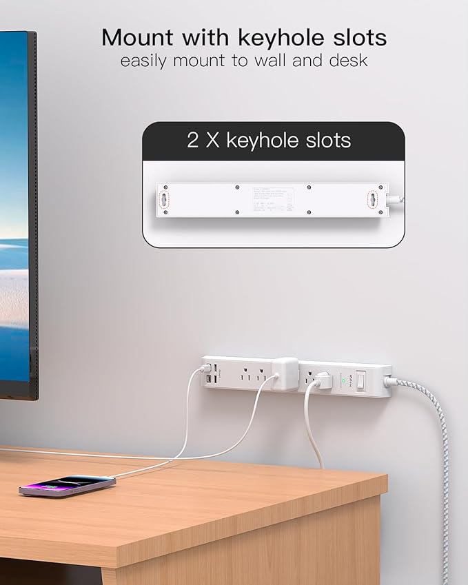 2 Pack 15Ft Extension Cord - Surge Protector Power Strip with 6 Outlets 4 USB Charging Ports, Flat Plug, Overload Protection, Office Supplies, Wall Mount for Home, Dorm Room Essentials