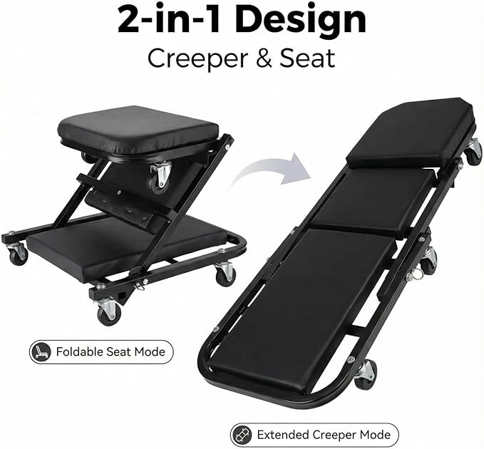 WEEK NINE 36 Inch Foldable Z Creeper Seat, 2 in 1 Rolling Chair and Work Bench for Garage Auto Repair, 330 LBS Capacity, Black