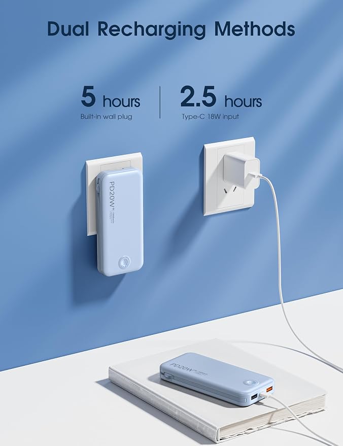 Nusyddy Portable Charger, 10000mAh PD20W Fast Charging Power Bank with Built-in Cables & Wall Plug, Travel Essentials External Battery Pack, USB C Battery Phone Charger for iPhone, Samsung Light Blue