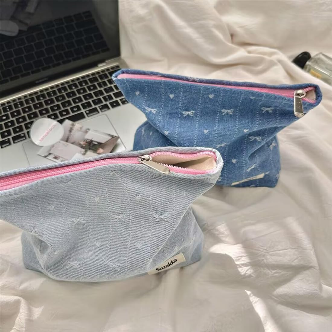 SxoSyo Denim Makeup Bags for Women, Canvas Cosmetic Pouch Large Purse, Blue