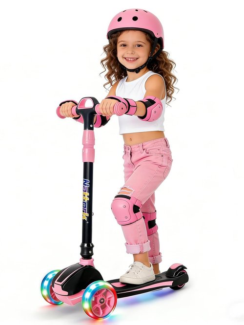 Nattork Kids Scooter for Age 3-5, Toddler Scooter with 4 Adjustable Height for Boys & Girls, Light Up 3-Wheels Foldable Kick Scoote, Lean to Steer, 120LB Weight Capacity Age 5-8 Pink