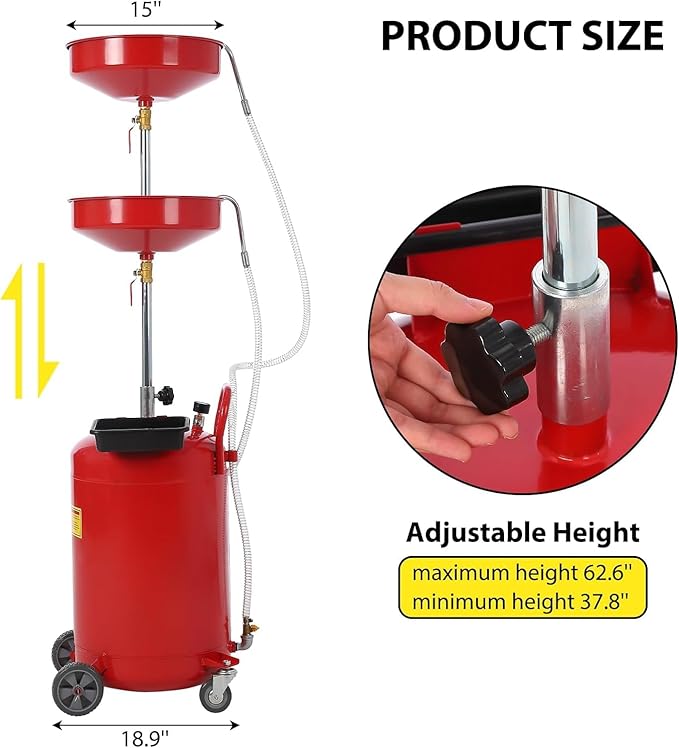 20 Gallon Waste Oil Drain Tank, Oil Drain Extractor, Pneumatic Drainer for Automotive Fluids, Portable Waste Oil Container with Air Operation (20 Gallon-Red-Common)