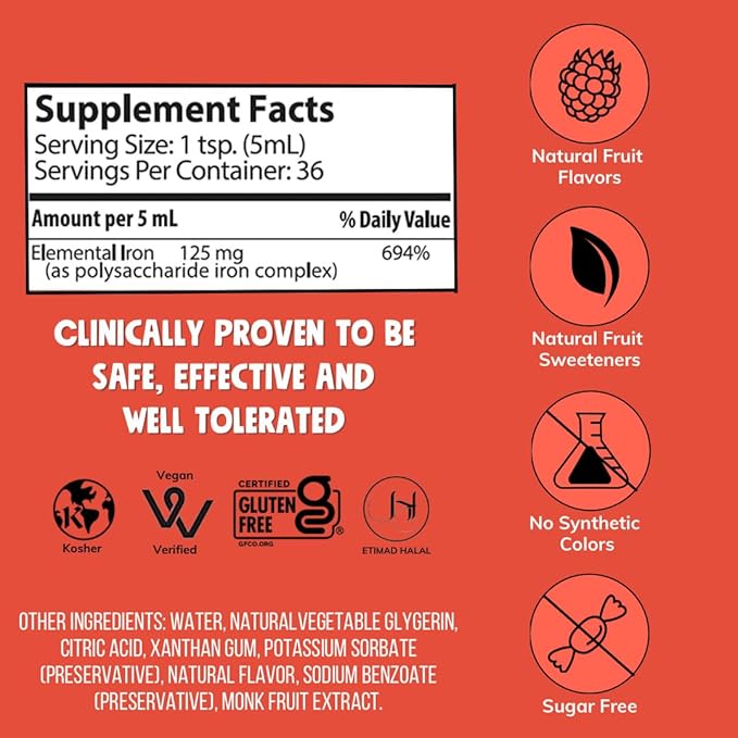 NovaFerrum Wow | 125 High Potency Liquid Iron Supplement | Liquid Iron for Adults | Iron Deficiency | 125mg of Iron Per 5mL Dose | Vegan Verified | Gluten Free Certified | Sugar Free