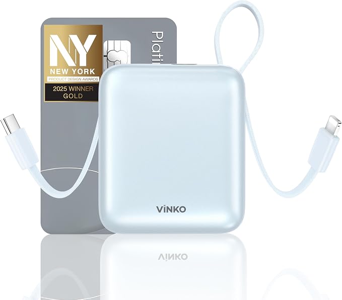 VINKO Portable Charger with Built-in Cable, 10000mAh 22.5W Fast Charging USB C Battery Bank, Cell Phone Power Bank for iPhone 16 15 14 Samsung Galaxy S24 S23 Series Android Tablet (Blue)
