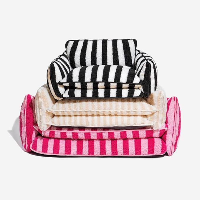 Lazy Holiday Plush Cozy Dog & Cat Sofa Bed, Teddy Velvet Dog Bed, Trendy Striped Faux Lambswool Double Layer Dog & Cat Sofa Bed Dogs Sleeping Mat for Medium Small Dogs & Cats (Beige,M)