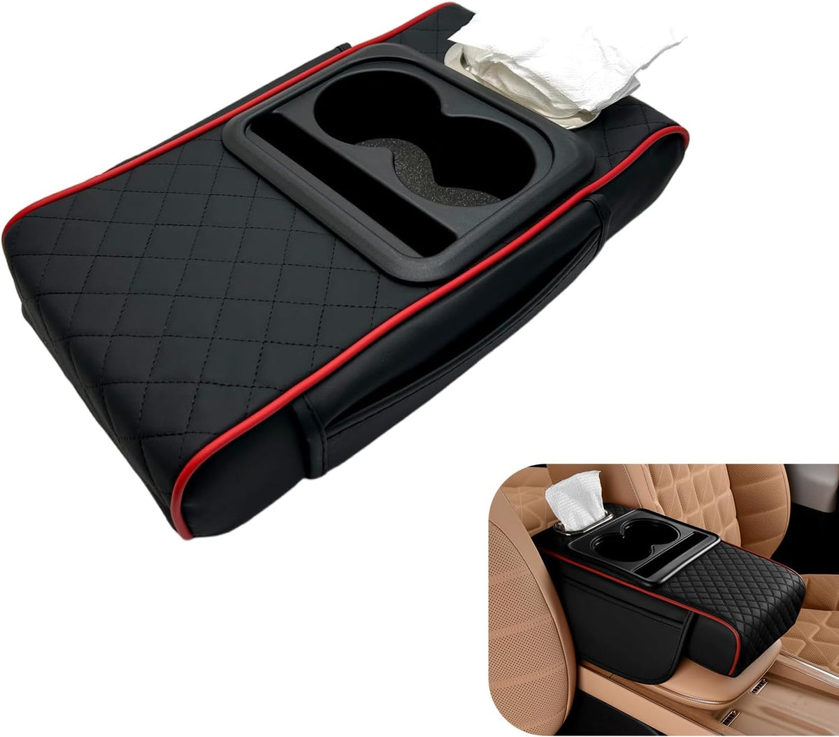 Car Armrest Cushion, 5-in-1 Car Center Console Cover with 2 Storage Bags, Leather Cars Armrest Cover with Cup Holder, Tissue Box,Thick Memory Foam Arm Rest Storage Box,Universal for Most Auto