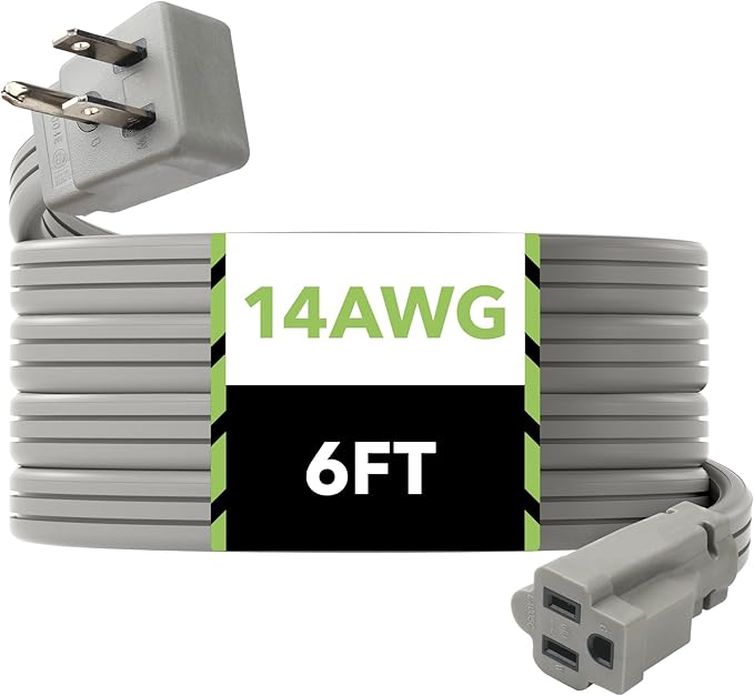 BN-LINK 6ft Air Conditioner Extension Cord, 14 Gauge Heavy Duty Power Cord, Gray, 3 Prong Grounded Flat Plug, 15 Amps, for Indoor Air Conditioner, Refrigerator and All Major Appliances