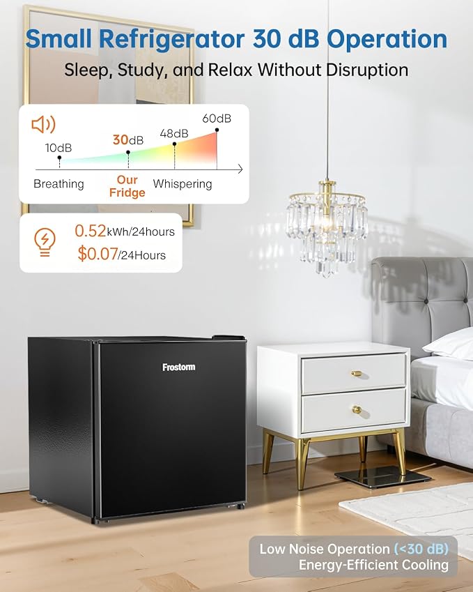 1.6 Cu Ft Mini Fridge with Freezer, Single Door Upright Freezer | 30dB Ultra Quiet, Adjustable Thermostat, Reversible Door, ETL Certified, Mini Fridge for Bedroom, Dorm & Office, Black