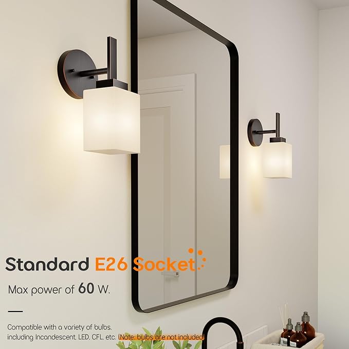 Wall Light Over Mirror Bathroom Vanity Lighting Fixtures with White Frosted Glass, Wall Sconce for Porch Hallway Entrance, Oil Rubbed Bronze T002ORB-L1