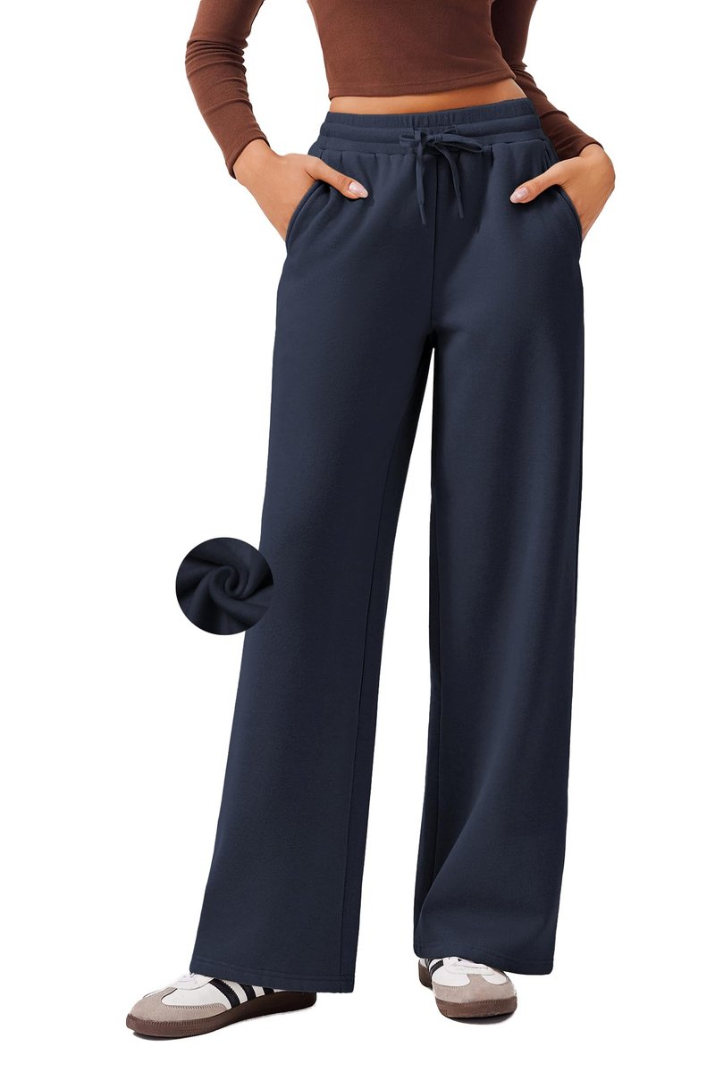 PINSPARK Womens Warm Winter Sweatpants Fleece Lined Wide Leg Sport Pants High Waisted Baggy Athletic Pants Loose Workout Pants with Pockets, Pitch Blue, Small