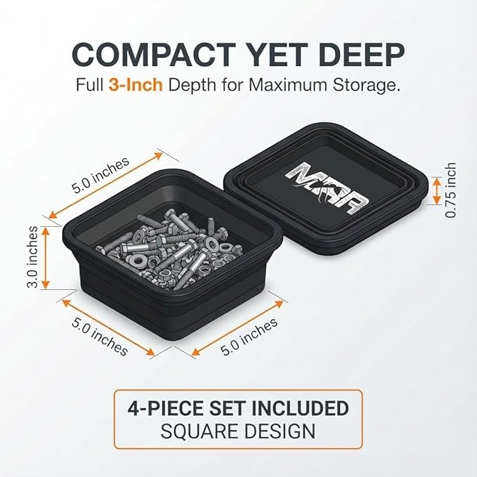 Collapsible Magnetic Tray Set – 4 Pcs Silicone Parts Tray with Dual-Sided Magnetic Plate, Automotive Tools for Screws, Nuts, Bolts, & Small Metal Parts Holder – 5x3x5 Inches, Black