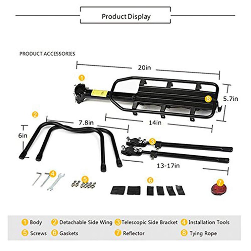 Rear Bike Rack, 110 lbs / 50KGS Bike Cargo Racks Frame Aluminum Alloy Universal Adjustable Cycling Equipment Stand Footstock Bicycle Luggage Carrier with Tools and Reflector for 26"-29" Frames