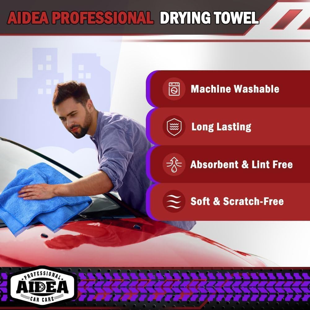 AIDEA Microfiber Towels for Cars-4PK, Large Professional Car Drying Towel, Scratch-Free & Absorbent Drying Towel for Cars, SUVs, RVs, Trucks, and Boats, 24inx 31in, Blue