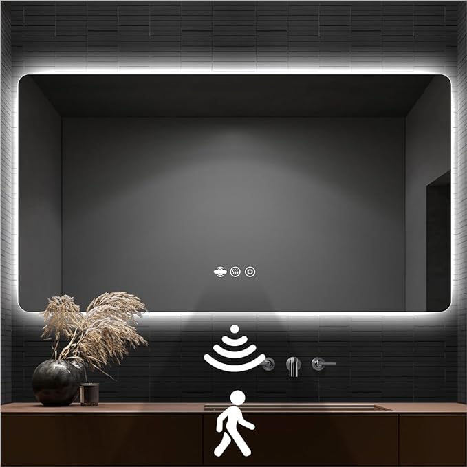 56 x 36 LED Bathroom Mirror, Frameless Rounded Corner Rectangle Backlit Mirror Bathroom, Anti-Fog, 3-Color Stepless Dimmable Lighted Mirror, Motion Sensor Lights, Memory Function