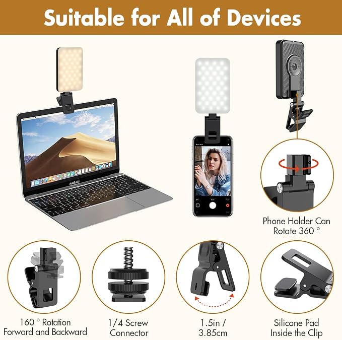 Selfie Light for iPhone, Portable Phone Clip on Light, Rechargeable LED Ring