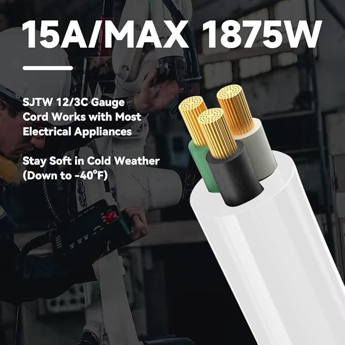 Indoor Outdoor Extension Cord, 12 Gauge 3 Prong Weatherproof Heavy Duty White Extension Cords，12/3 SJTW 15A 30 FT Extension Cable for Garage, Garden and Home, UL Listed