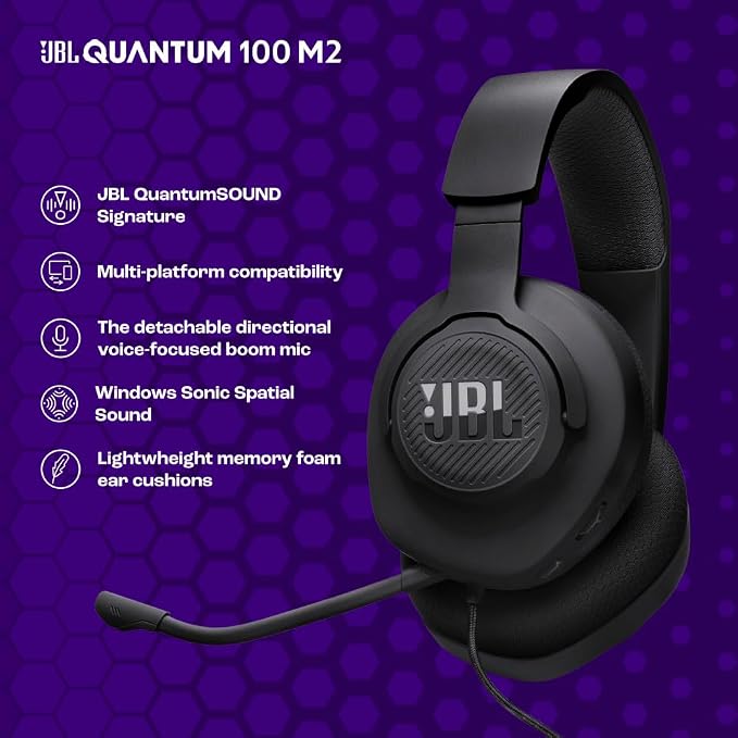 JBL Quantum 100M2 Wired Gaming Headset, Detachable Mic - Black | Memory Foam Ear Cushions And 3.5 Mm Jack Work With PC, PlayStation, Xbox, Nintendo Switch For Immersive PC Gaming Sessions