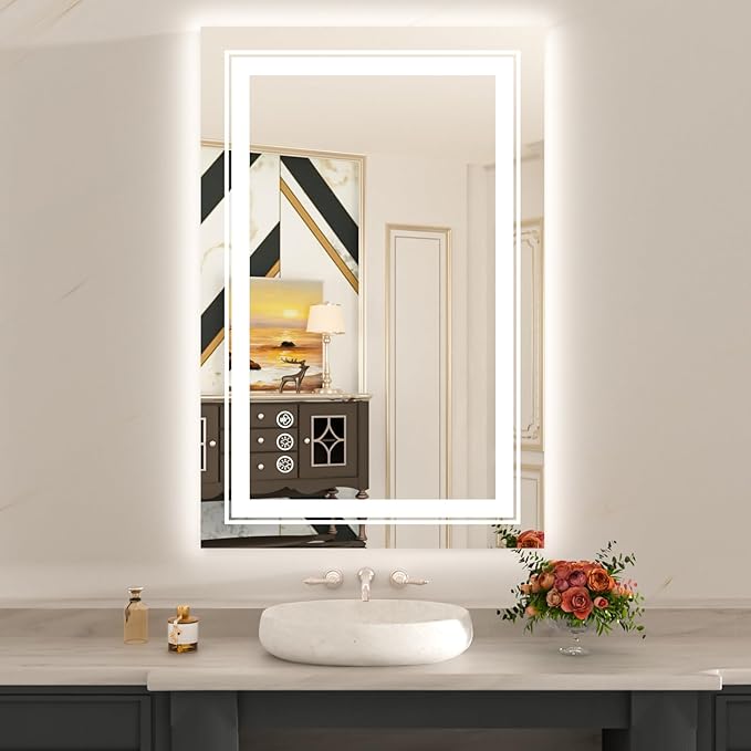 WTTY RGB LED Bathroom Mirror 24"x36" with Backlit and 3 Front Light,Stepless Dimmable LED Mirror for Bathroom,Lighted Bathroom Vanity Mirror for Wall,Anti-Fog,Memory Function,Shatter-Proof