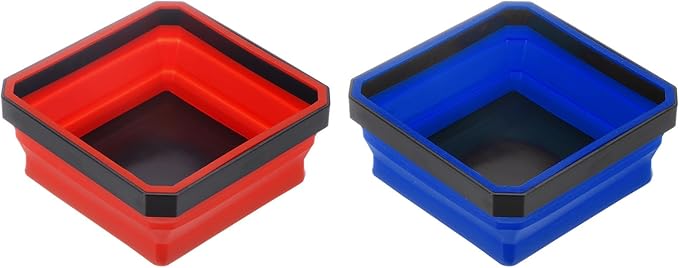 HARFINGTON 2Pcs Collapsible Magnetic Parts Tray Foldable Tool Trays Square Small Metal Parts Organiser for Fixing Screw Bolts Nuts Washers Pins, Red, Blue