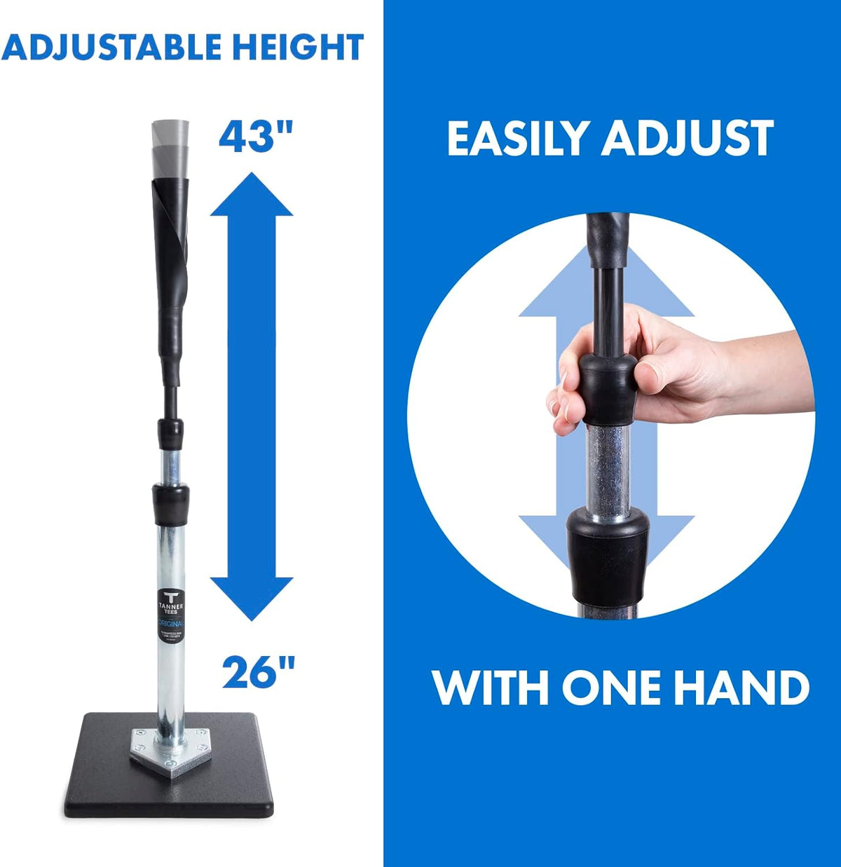 Tanner Tee - Adjustable Pro Batting Tee for Baseball & Softball | Steel Shaft, Rubber Top, 26"-43" Height