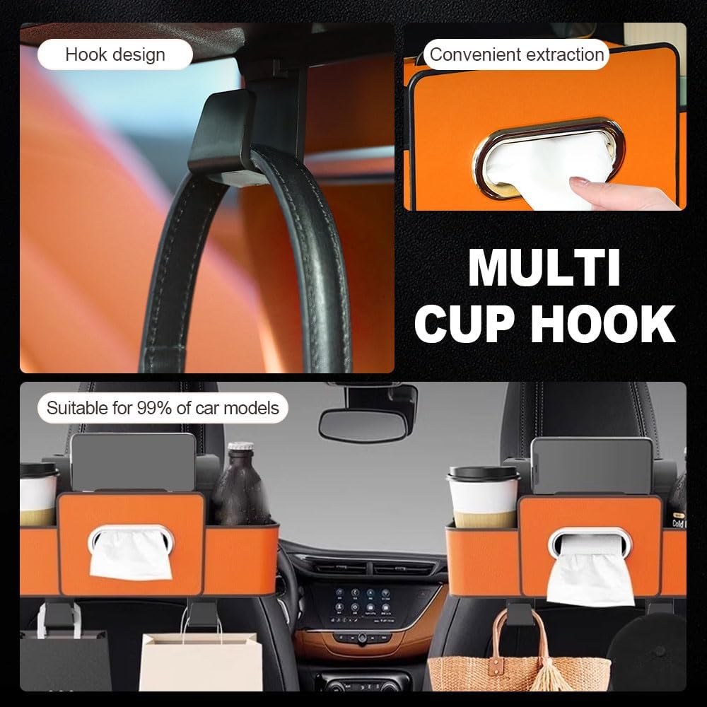 Cars Seat Back Bag, 2025 Upgrade Car Rear Backseat Extra Multifunctional Car Seat Back Storage Box, Multifunctional Car Seat Tissue Organizer with 2 Drink Cup Holder 2 Hooks (Orange)