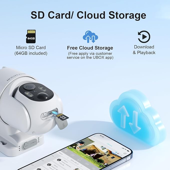 HOSAFE.COM Wireless Security Camera Outdoor, Free Cloud Storage, 360° PTZ