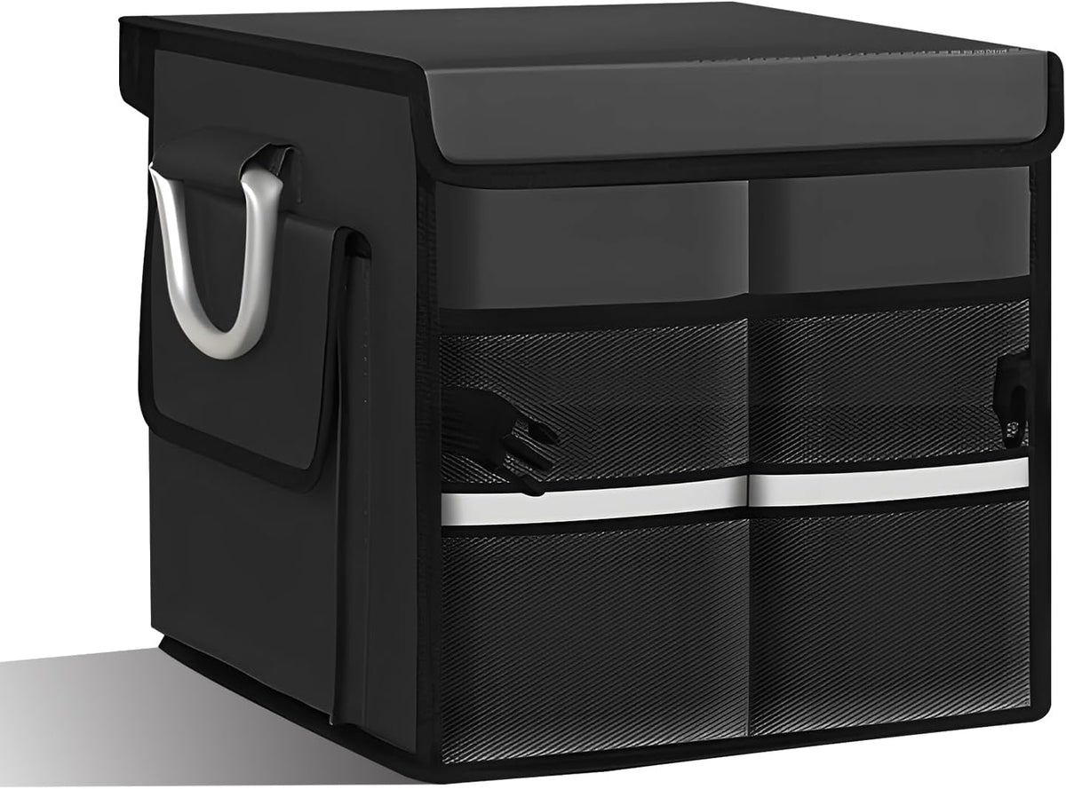 Car Trunk Organizer with Lid, 28L 2-Compartment Collapsible Trunk Cargo Storage Box, Waterproof Oxford Vehicle Backseat Storage Organizer with Base Plate & Metal Handle, Car Accessories (Gray)