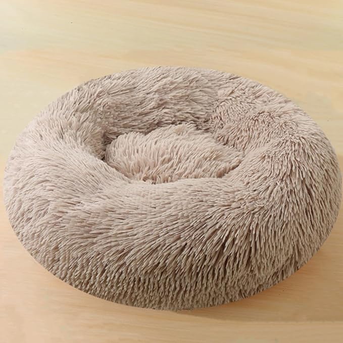 Calming Small Dog Bed & Cat Bed, 16 Inch Donut Fluffy Anti-Anxiety Round Bed Washable Cute Bed, Cuddler Warming Cozy Soft Bed, Plush Cushion Bed for Small Medium Dogs and Cats (Khaki)