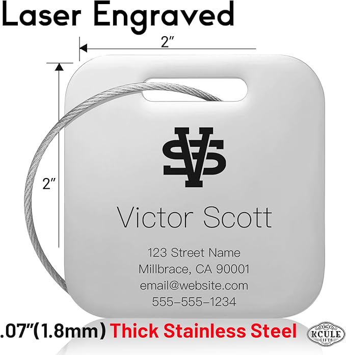 Personalized Luggage Tags for Suitcases - Stainless Steel Custom Luggage Tags for Backpacks & Bags, Sturdy, Waterproof & Heavy Duty (Silver/Square)