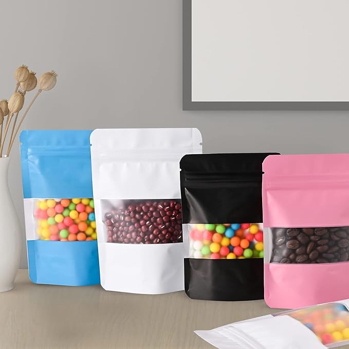 100 Pieces Smell Proof Mylar Food Storage Bags, Resealable with Clear Window, Foil Pouch Stand-up Self Sealing Supplies (White, 3.5 x 5 Inch)