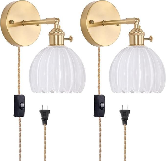 Plug in Wall Sconce, White Tulip Glass Lampshade Wall Light Plugin Corded for Bedside Bedroom Doorway, 2 Pack