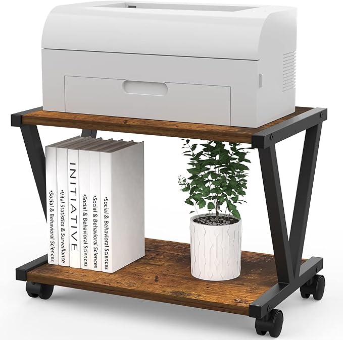 VEDECASA Retro Desktop Printer Stand 2 Tiers Under Desk Wood Printer Shelf