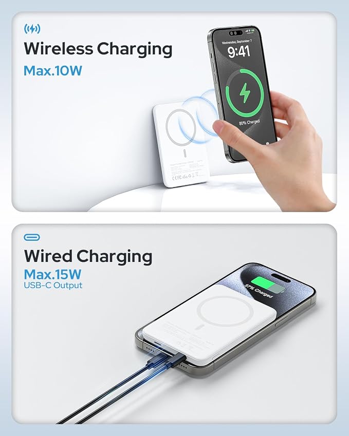 TRKOY for Magsafe Portable Charger, 5000mAh Wireless Magnetic Power Bank with USB C Charging,Travel Essential for Magsafe Battery Pack Compatible with iPhone 17/16/15/14/13/12 Series, Snow White