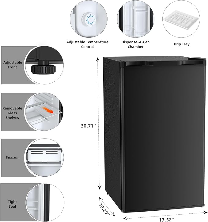 Antarctic Star Mini Compact Refrigerator with Freezer, 3.2 Cu.Ft. Single Door with Adjustable Thermostat,Removable Glass Shelves for Apartment/Dorm/Office,BLACK