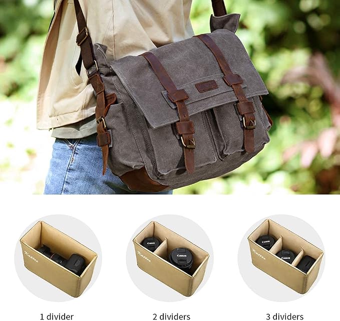 Kattee Leather Canvas Camera Bag Vintage DSLR SLR Messenger Shoulder Bag