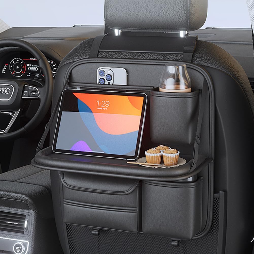 Car Backseat Organizer with Foldable Table Tray,Hanging Storage Bag with Touch Screen Phone Holder,Premium PU Leather Material,Compatible with Most Vehicles,Inner Car Accessories