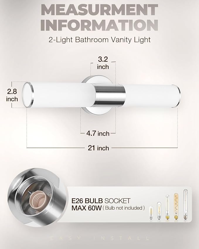 2-Light Bathroom Vanity Lighting Fixture, Brushed Nickel Wall Sconce with Opal White Glass, E26 Stocket Indoor Wall Lamp, Modern Mirror Light