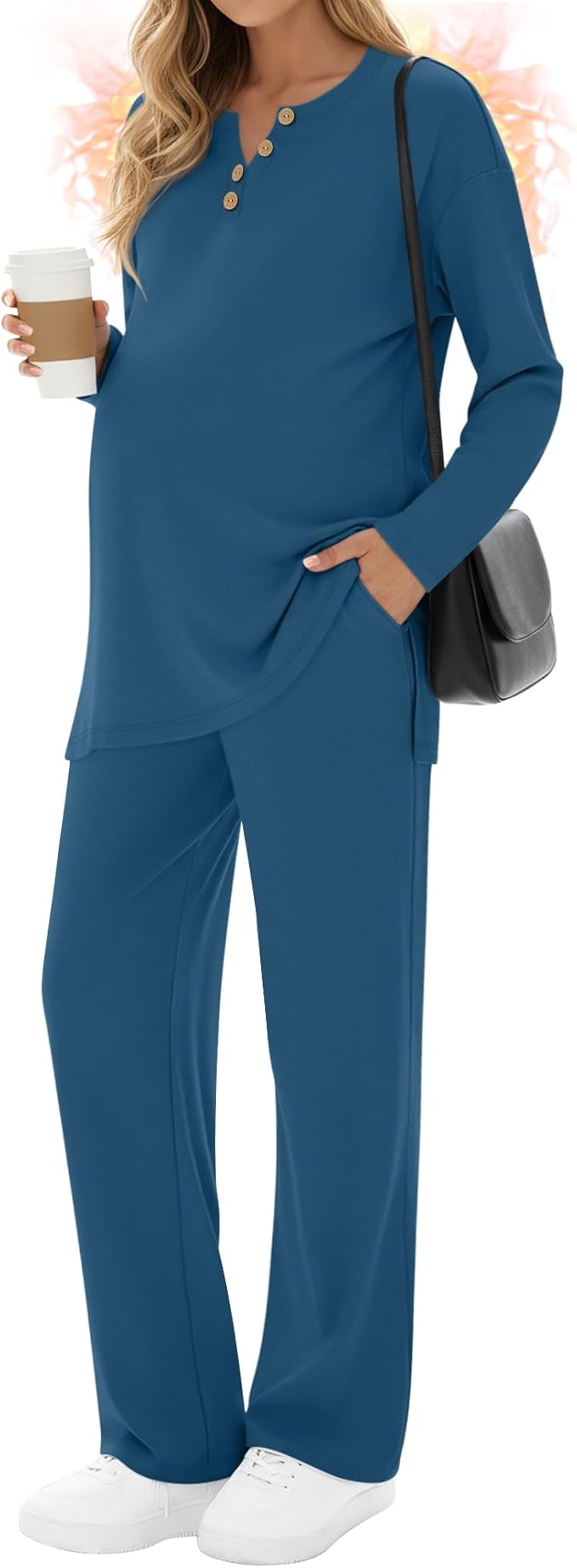 2 Piece Thermal Maternity Lounge Set Postpartum Pregnancy Fleece Loungewear Long Sleeve Top and Wide Leg Pant