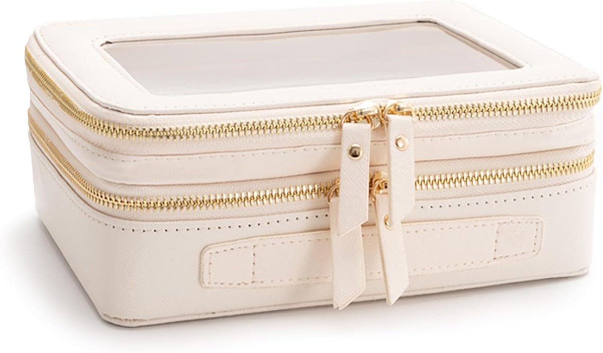 Aveniee Clear Makeup Bags, Double Layer Cosmetic Case with Separate Brush Compartment, Large Toiletry Organizer for Women, Travel Accessories Holder(2 Layers Large, White)