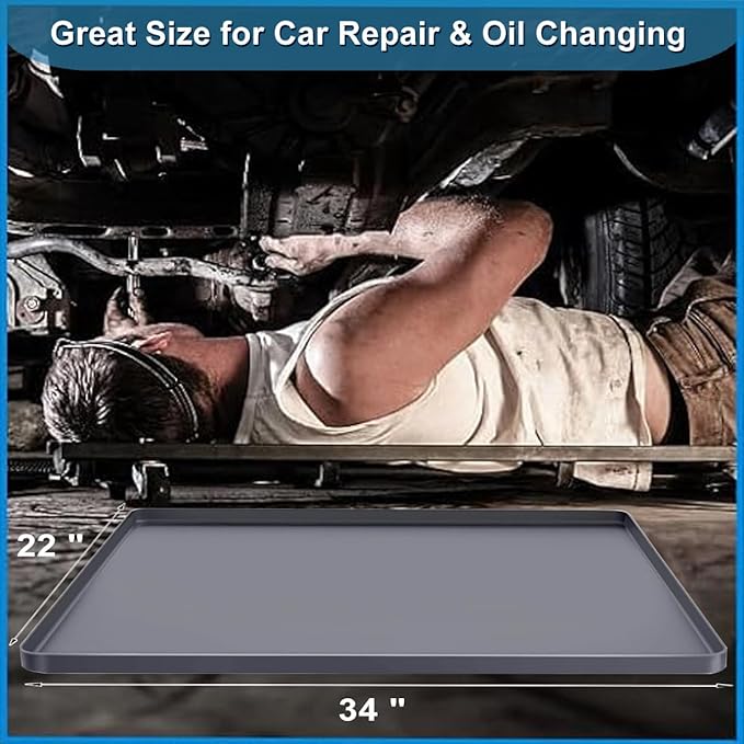 Under Car Oil Spill Mat Oil Drip Pan, 34x22in Garage Floor Mat Drip Tray, Soft Silicone Pad with Raised Edge, Liquid Drain Pan Catcher Automotive Tray, Driveway Pad Liquid Leaks Non-Slip No Splatter