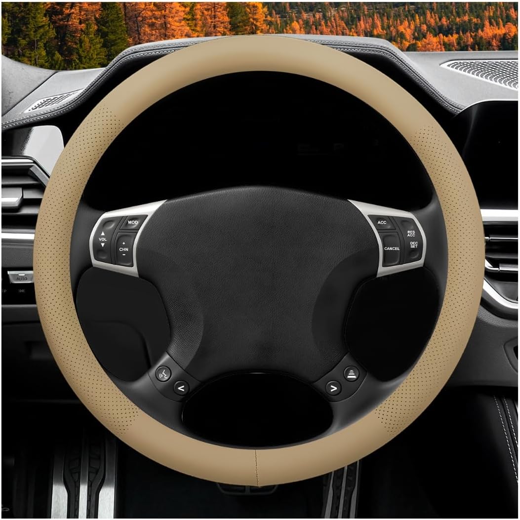 Car Steering Wheel Cover, 15" Breathable Leather Auto Wheel Protector with Comfortable Grip, Non-Slip Perforated Steering Wheel Protective Cover for SUV Truck Sedan Van (Beige)