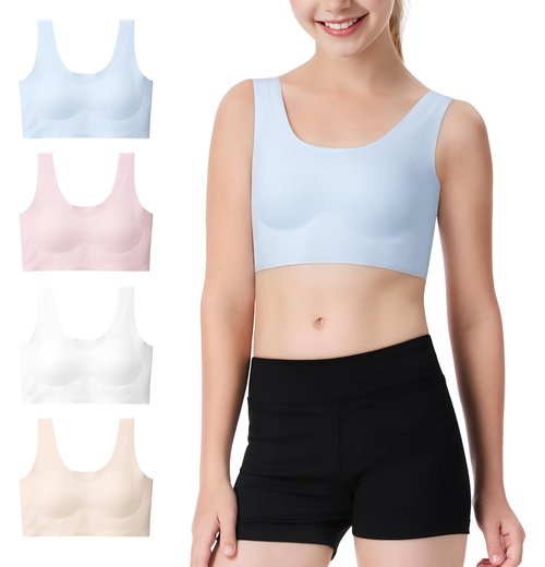 BOOPH Girls Training Bras Kids Seamless Bras Longline Crop Fixed Pads Bra Chest Double Lined for Teen Girl Sports - Skin Pink Blue White 9-11Y