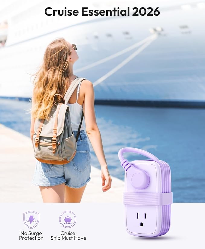 NTONPOWER 20W Purple Travel Power Strip, Travel Essentials 4 Outlets 3 USB(1 USB-C) with 4FT Wrapped Extension Cord Flat Plug, Vacation Essentials for Hotel Travel Camping Cruise Essentials 2026