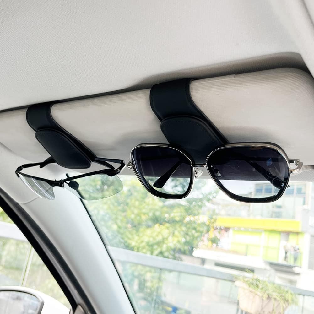 2Pcs Sunglass Holder for Car, Magnetic Leather Eyeglass Hanger Clip for Car Sun Visor, Sunglasses Holder and Ticket Card Clip for Car Visor Accessories