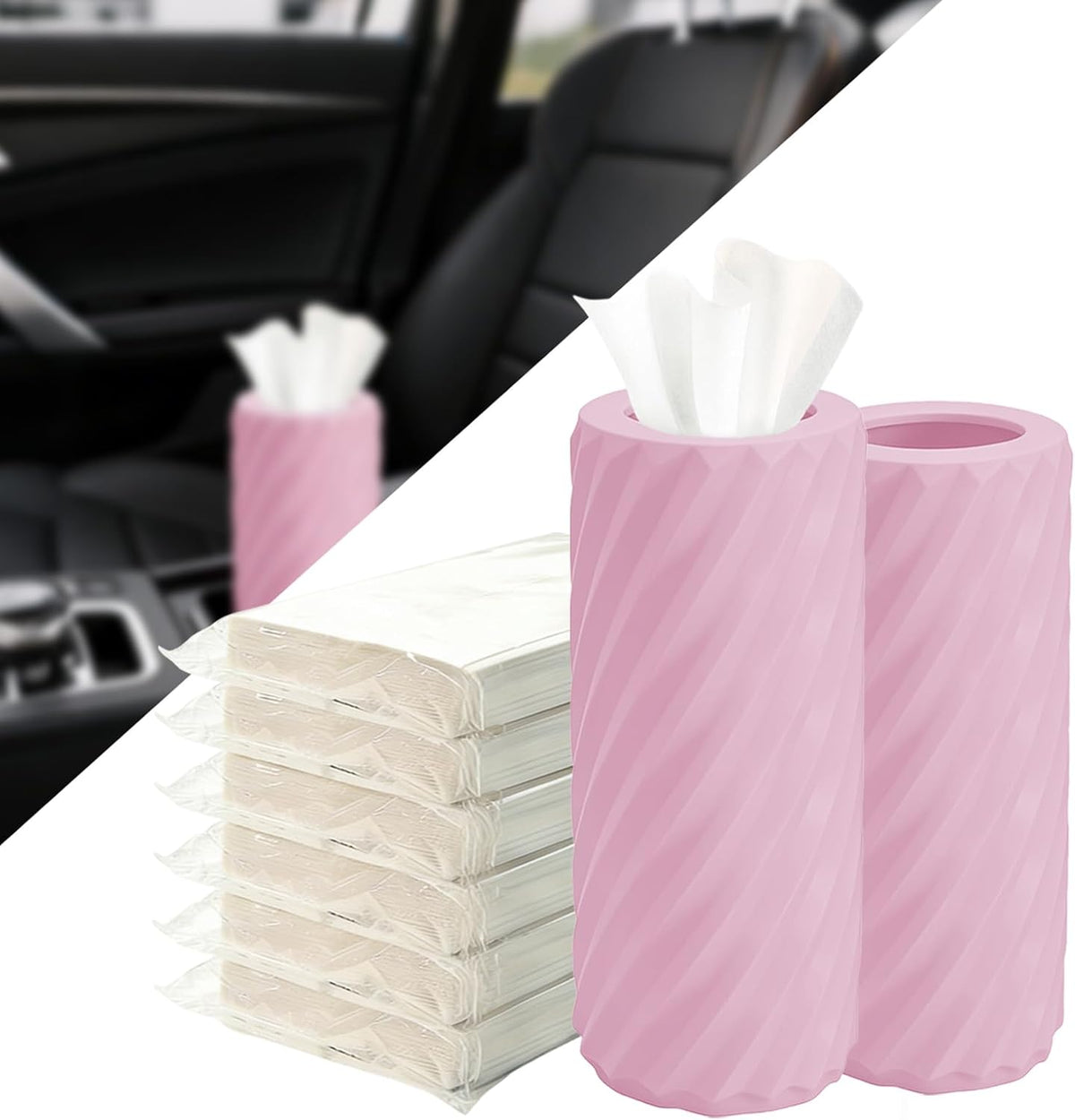 2-Pack Car Tissue Holder with 6 Tissue Refills, Reusable Plastic Auto Tissue Canister for Cup Holders Compact Travel Tissue Dispenser, Car Accessories for Cars, SUVs, Trucks.(2PACK-Black)