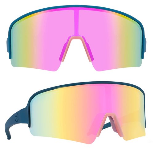 MAXJULI Polarized Sunglasses for Men Women,Windproof Outdoor Sports Cycling UV400 Protection Semi-Rimless Sun Glasses (Solid Blue to Half Transparent Pink/Pink Lens)