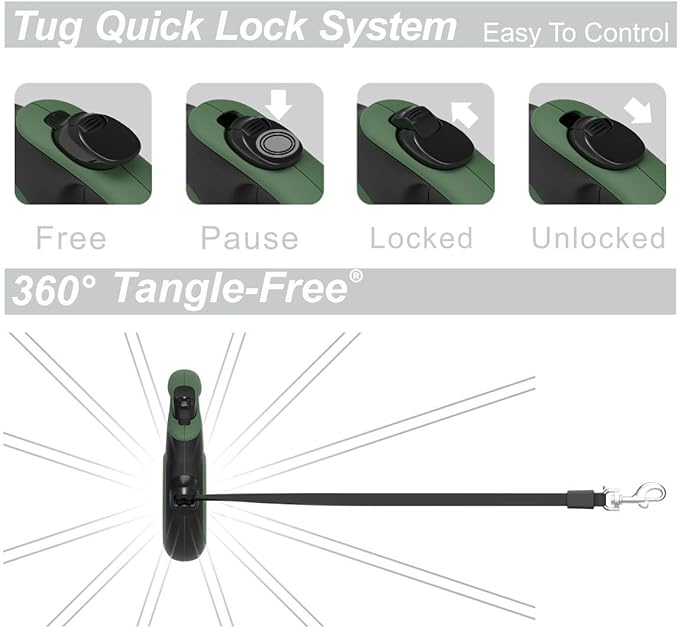 TUG 360° Tangle-Free Retractable Dog Leash with Anti-Slip Handle | 16 ft Strong Nylon Tape | One-Handed Brake, Pause, Lock (Large, Green)